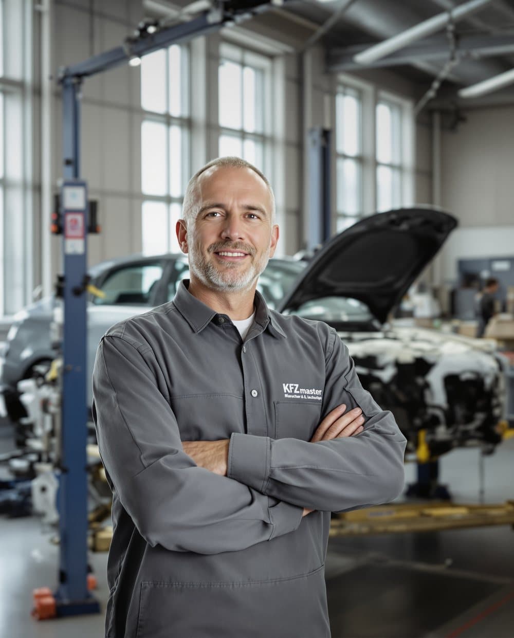 Body repair technician beside a repaired car in a bright workshop